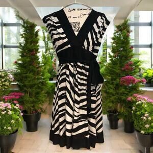New Bebe Silk Zebra Print V-neck Babydoll Tie Waist Dress Black White Sz XS NWOT